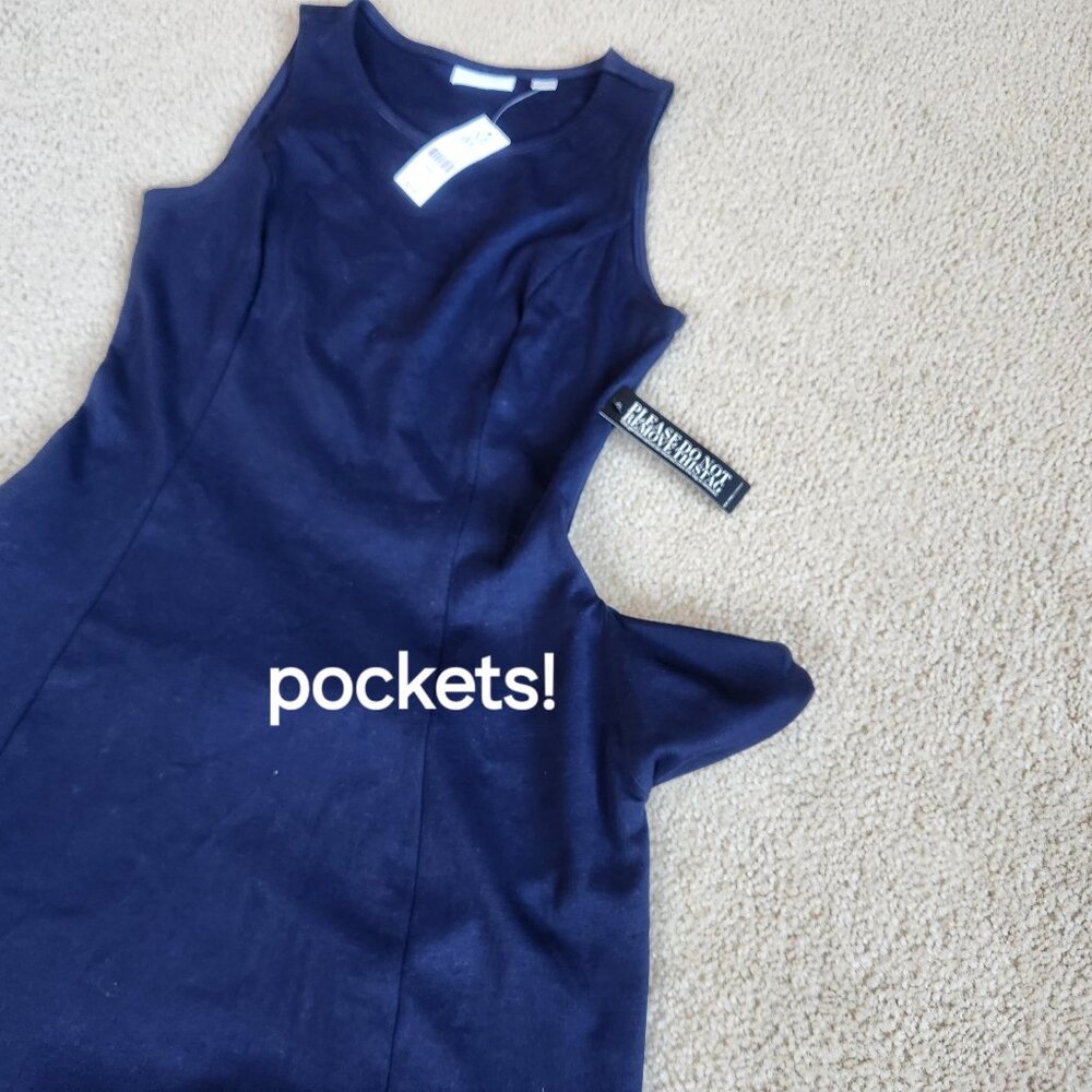 NWT 100% Cotton Jersey Dress with Pockets NAVY - Picture 2 of 4